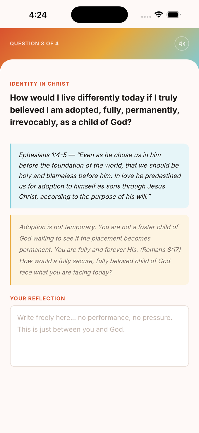 RFLCT. app showing a daily reflection question on Identity in Christ, paired with Ephesians 1:4-5 as a Gospel Anchor.